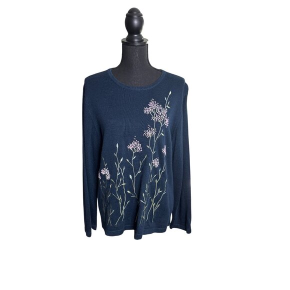 Vintage 90's Alfred Dunner Women's Navy-Blue Beaded Sweater Size L - Picture 1 of 12